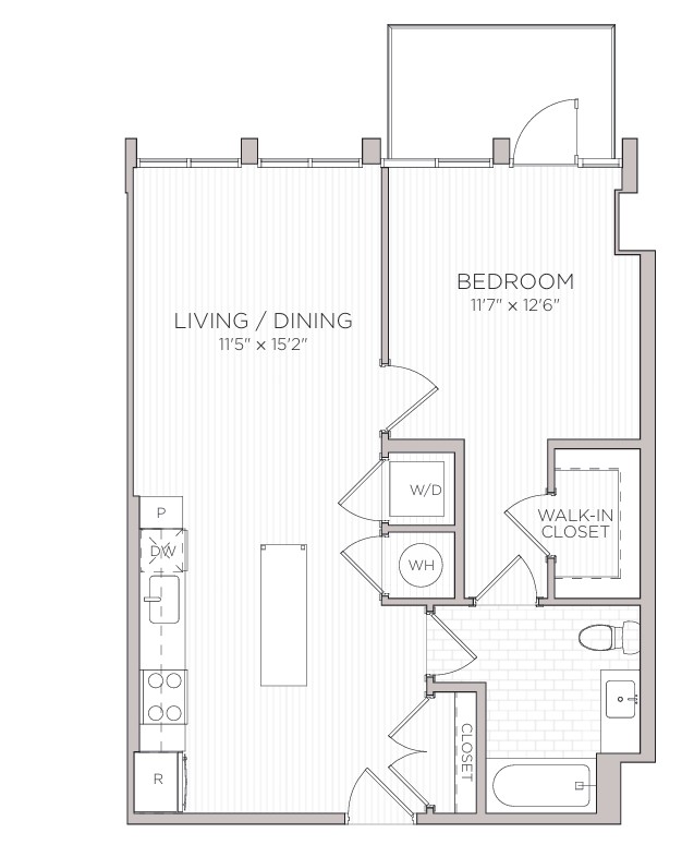 Floor plan for 1 bed, 1 bath, 727 sqft